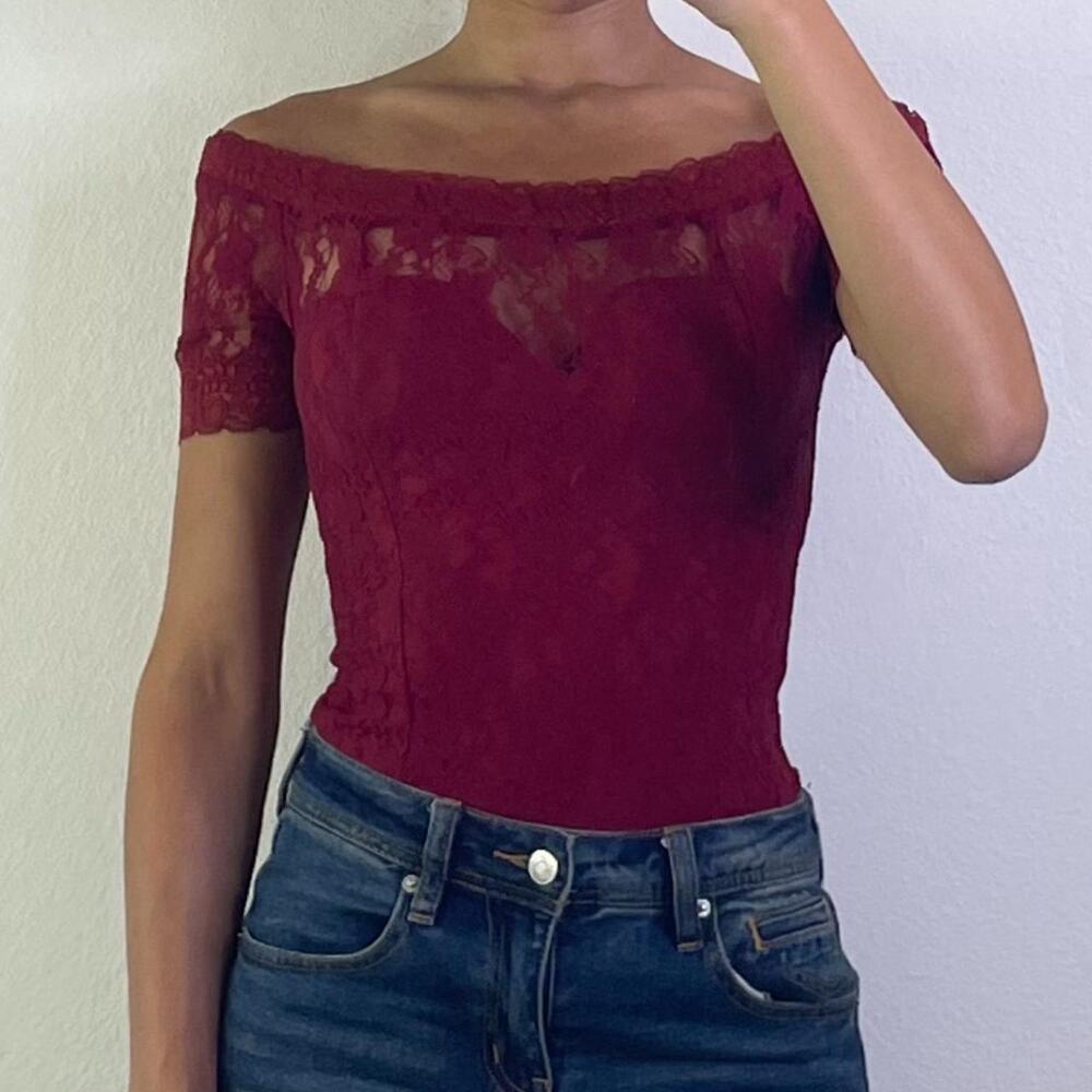 Burgundy Off-shoulder Lace Bodysuit